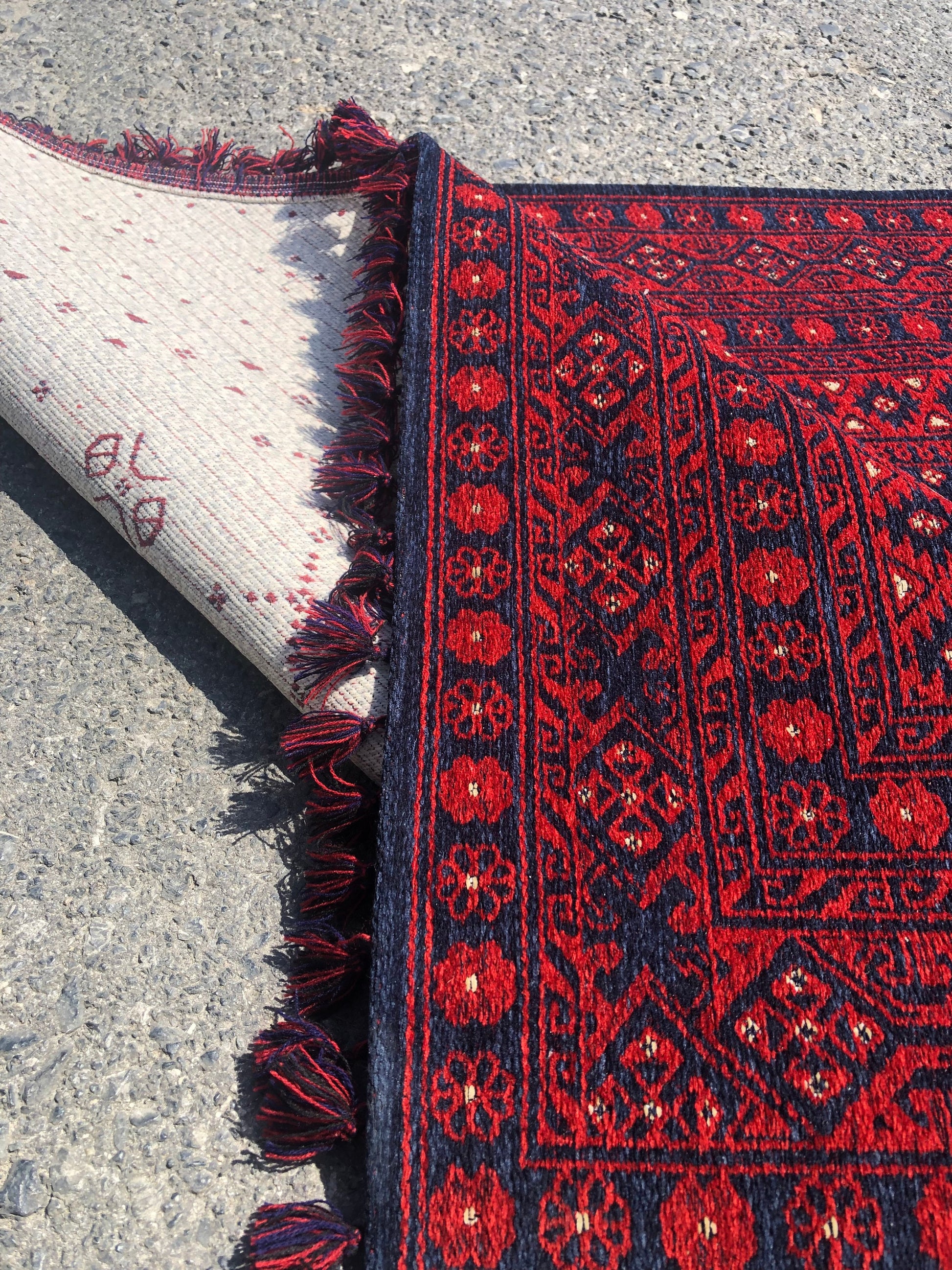 Red Afghan Rug: Traditional Bukhara Oriental Chenille Rug (3.9 x 5.9 ft)