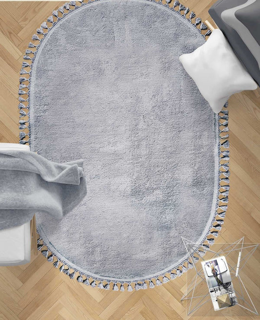 Fluffy Silver Rug: Modern Washable Cotton Carpet with Tassels