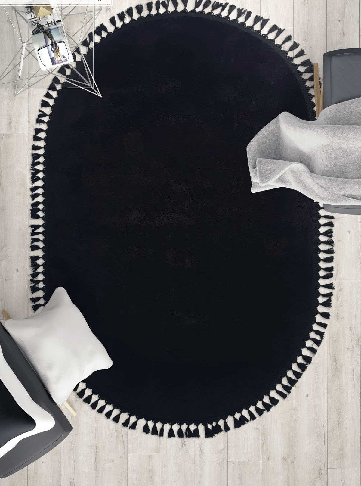 Black Fluffy Oval Rug: Modern Decorative Cotton Carpet