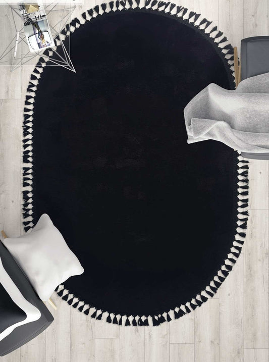 Black Fluffy Oval Rug: Modern Decorative Cotton Carpet