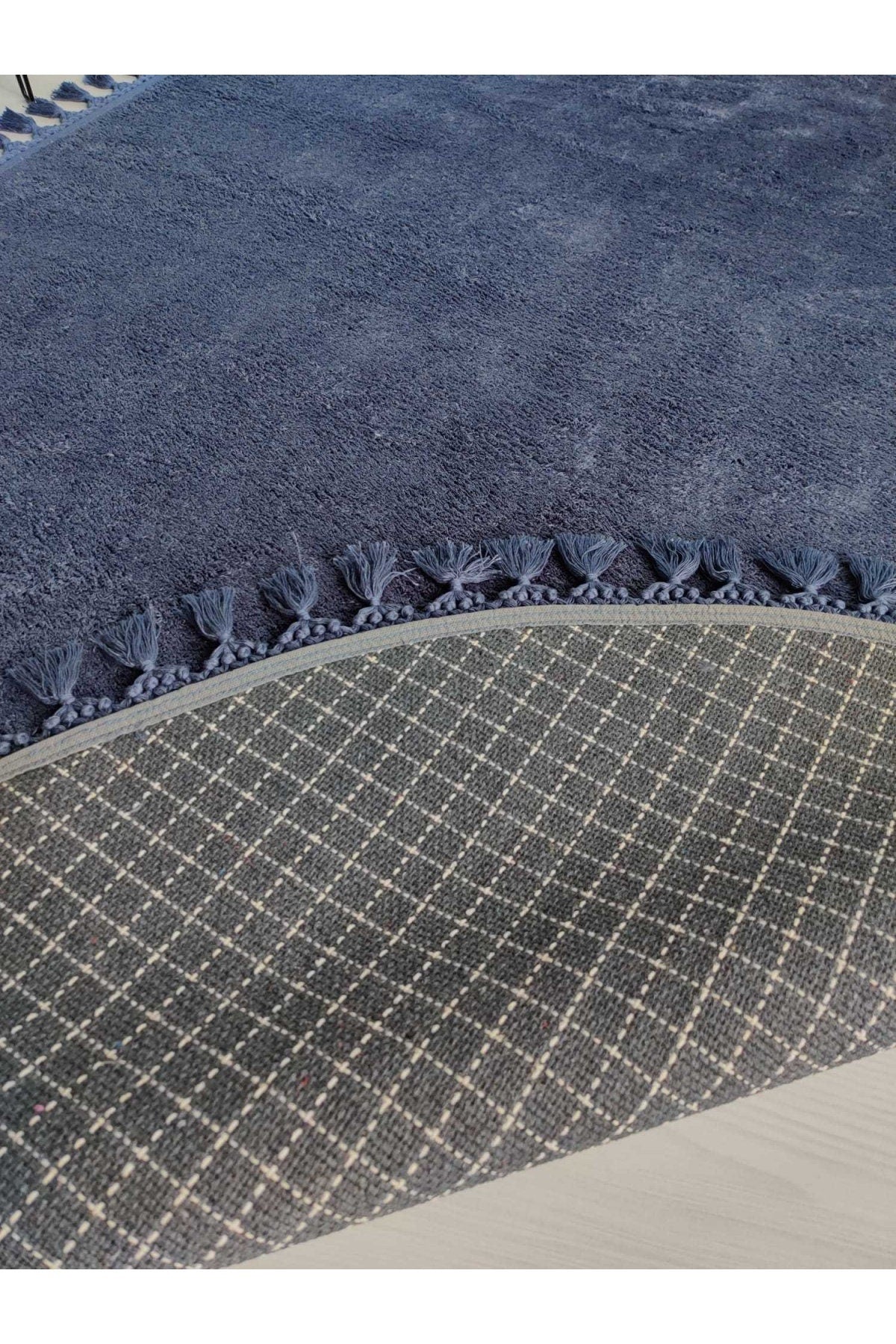 Fluffy Indigo Rug: Modern Washable Cotton Oval Carpet