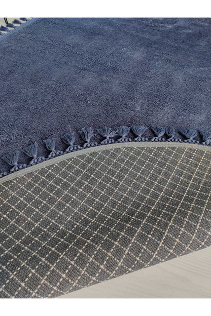 Fluffy Indigo Rug: Modern Washable Cotton Oval Carpet