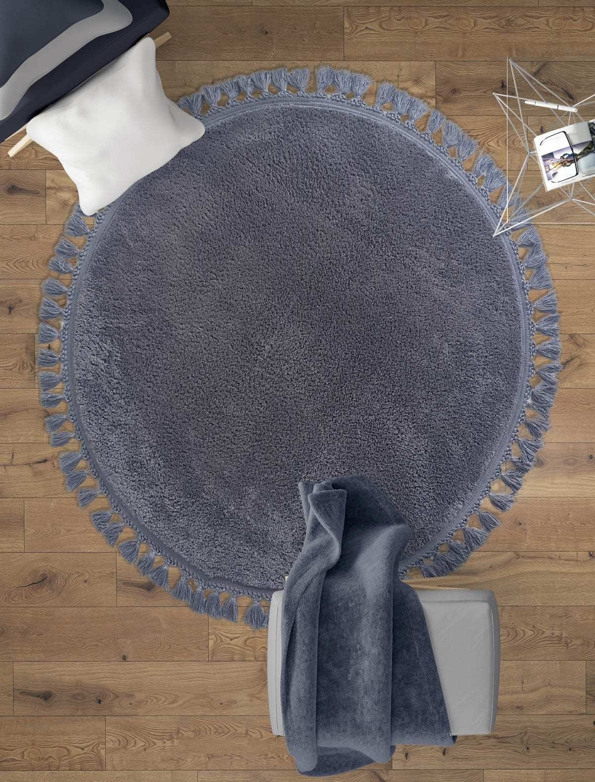 Gray Round Tassel Rug – Fluffy Washable Cotton Carpet for Nursery, Bedroom