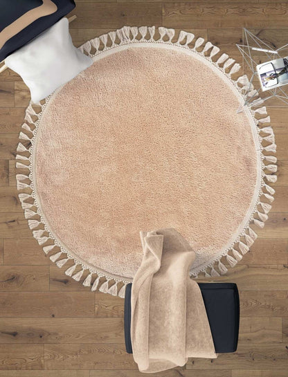 Fluffy Beige Round Rug: Washable Cotton Carpet