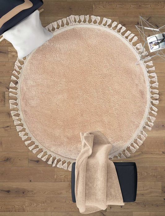 Fluffy Beige Round Rug: Washable Cotton Carpet