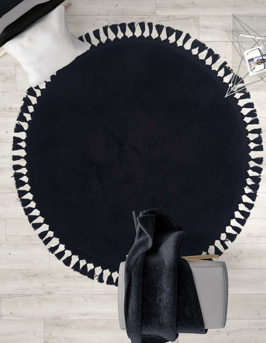 Black Fluffy Round Rug: Cotton Decorative Washable Carpet with Tassels