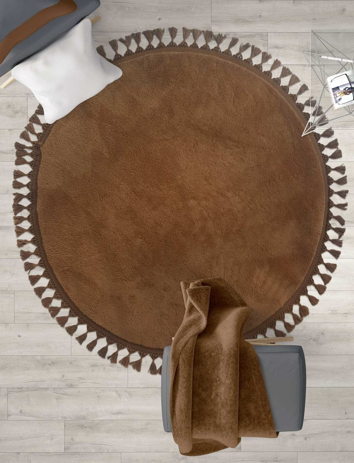 Fluffy Brown Round Rug: Washable Cotton Carpet with Tassels