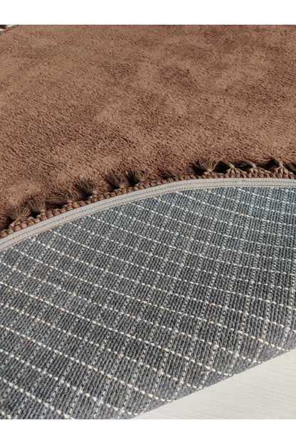 Fluffy Brown Round Rug: Washable Cotton Carpet with Tassels