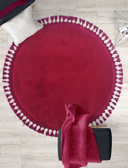 Fluffy Red Round Rug: Washable circle carpet with tassels