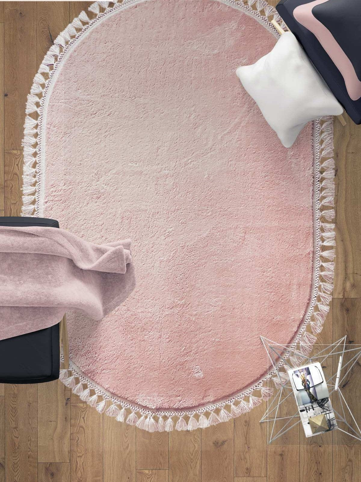 Luxurious Washable Pink Fluffy Rug: Modern Oval Shaggy Carpet for Bedroom Decor