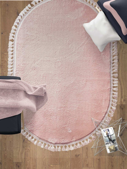 Luxurious Washable Pink Fluffy Rug: Modern Oval Shaggy Carpet for Bedroom Decor