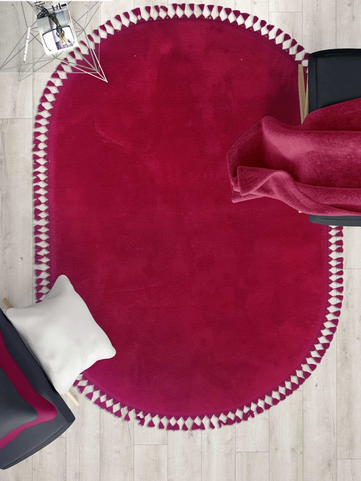 Fluffy Red Oval Rug: Modern Washable Cotton Carpet