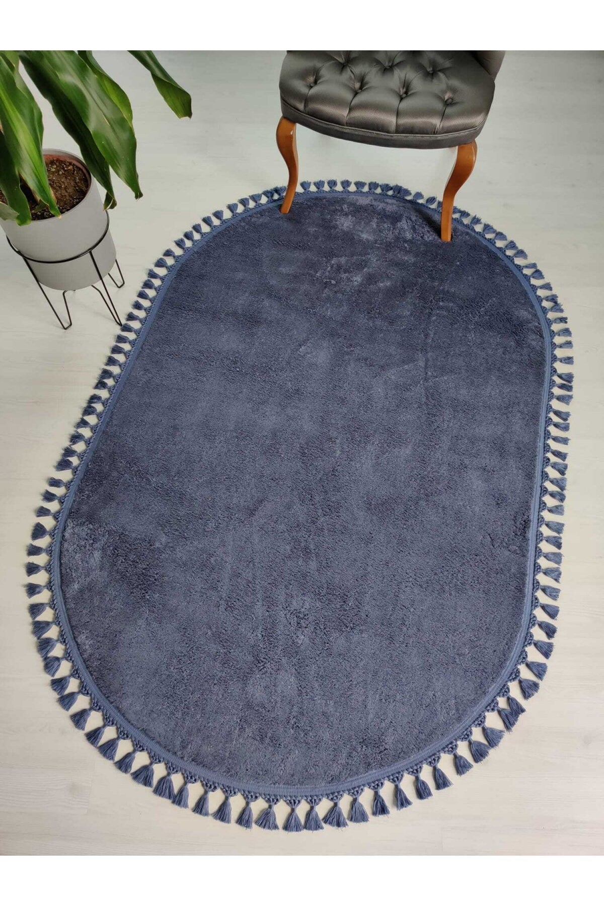 Fluffy Indigo Rug: Modern Washable Cotton Oval Carpet