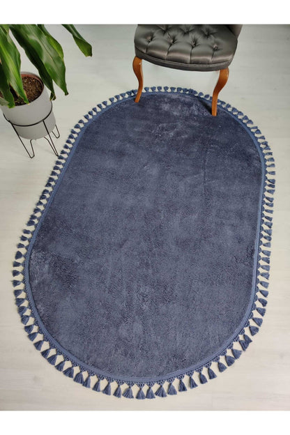Fluffy Indigo Rug: Modern Washable Cotton Oval Carpet