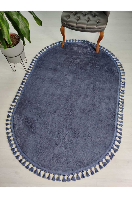 Fluffy Indigo Rug: Modern Washable Cotton Oval Carpet
