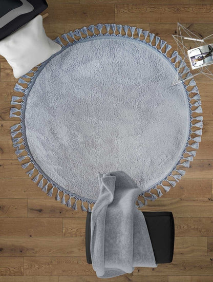 Fluffy Round Silver Rug: Washable Cotton Carpet with Tassels