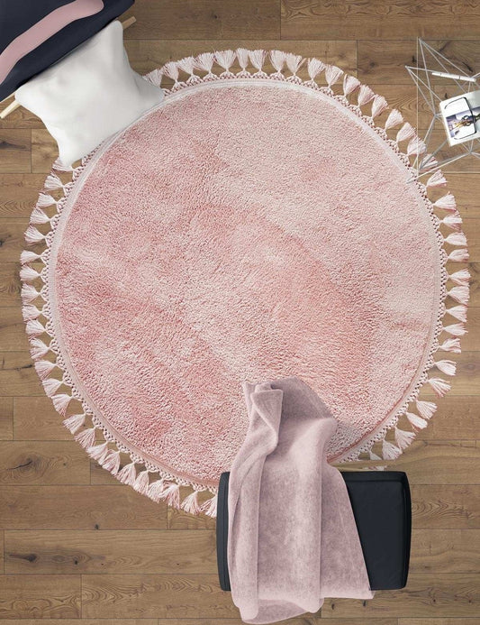 Fluffy Pink Round Rug: Modern Washable Cotton Carpet