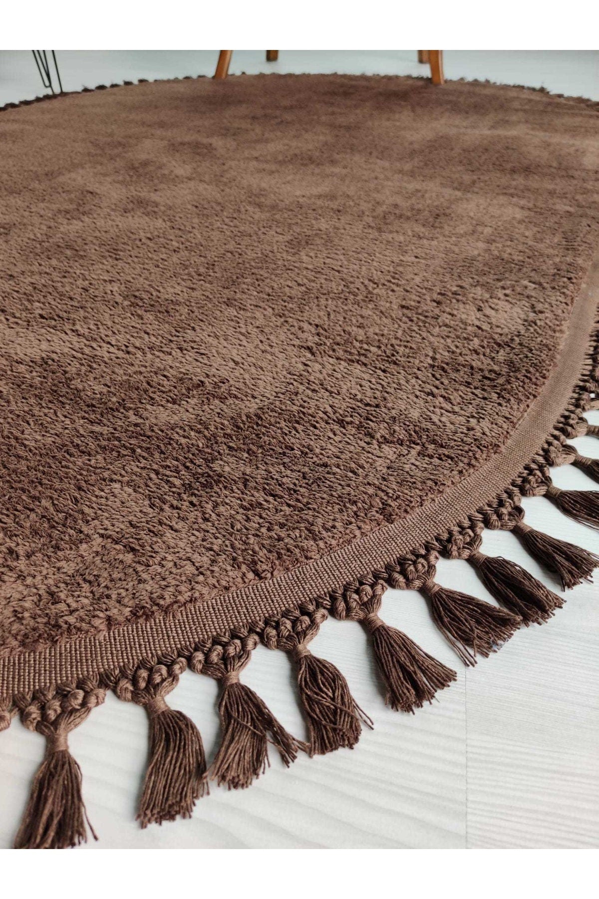 Fluffy Brown Round Rug: Washable Cotton Carpet with Tassels