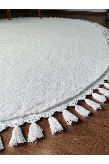 Fluffy White Round Rug: Cotton Tassel Carpet, Nursery Decor