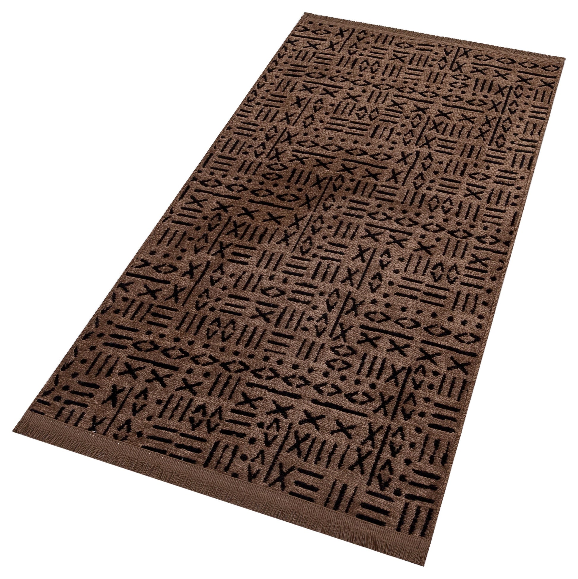 Modern Tribal Washable Cotton Rug – Brown & Black Geometric Boho Area Carpet with Fringe