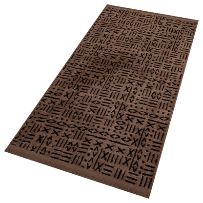 Modern Tribal Washable Cotton Rug – Brown & Black Geometric Boho Area Carpet with Fringe