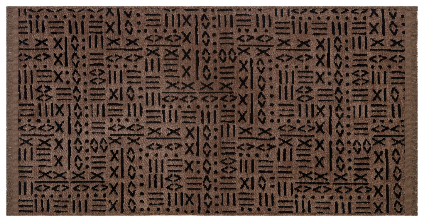 Modern Tribal Washable Cotton Rug – Brown & Black Geometric Boho Area Carpet with Fringe