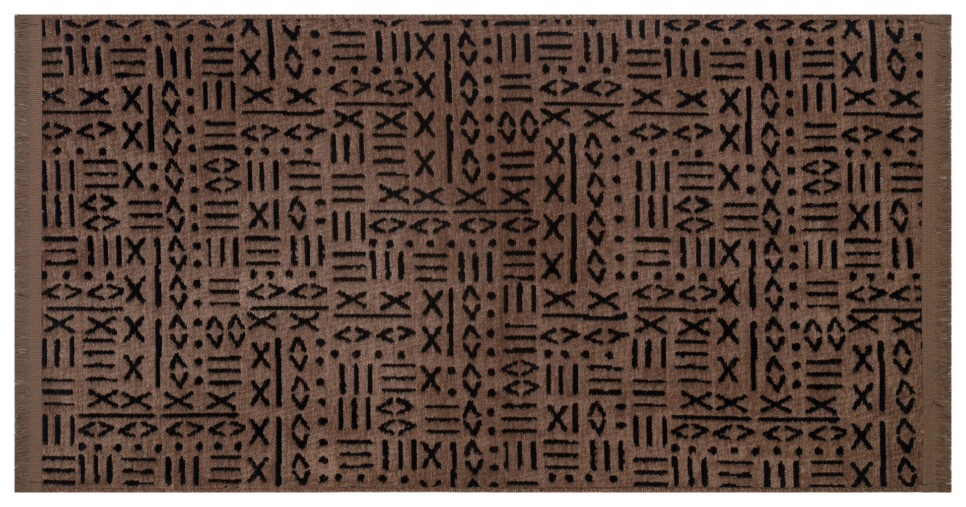 Modern Tribal Washable Cotton Rug – Brown & Black Geometric Boho Area Carpet with Fringe