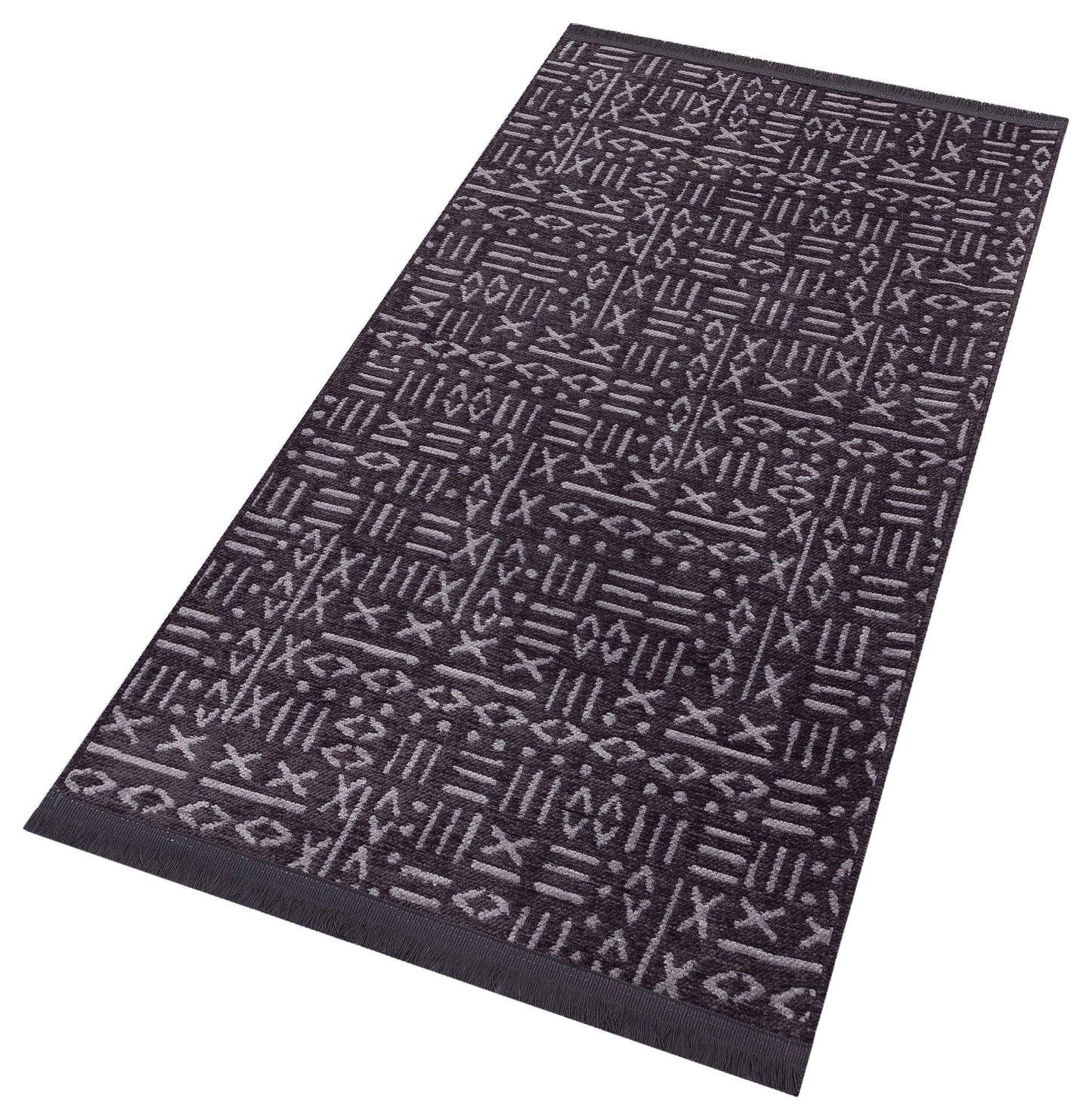 Charcoal Boho Runner Rug – Tribal Geometric Pattern, Fringe, Non-Slip (Machine Washable)
