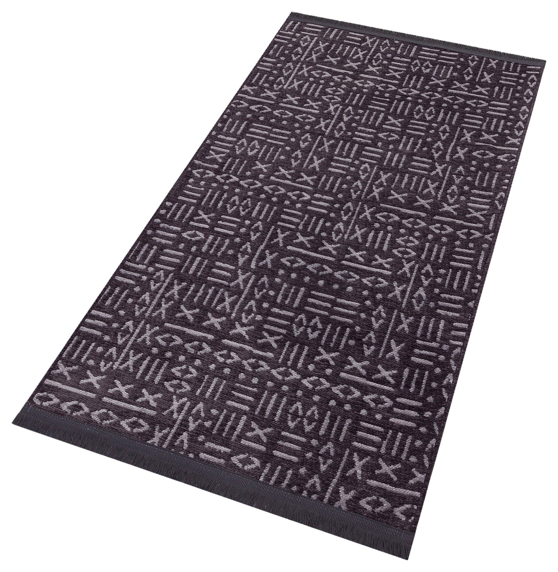 Charcoal Boho Runner Rug – Tribal Geometric Pattern, Fringe, Non-Slip (Machine Washable)