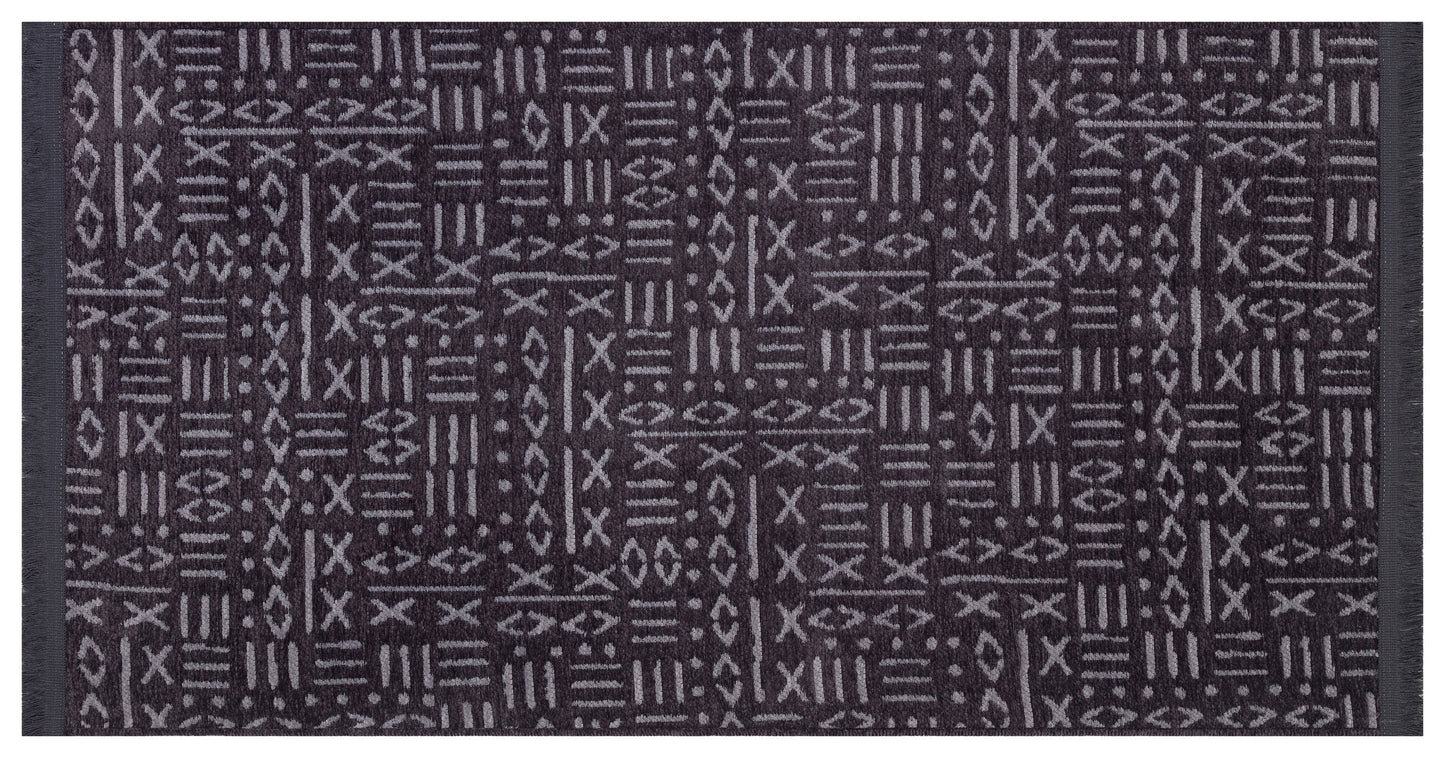 Charcoal Boho Runner Rug – Tribal Geometric Pattern, Fringe, Non-Slip (Machine Washable)