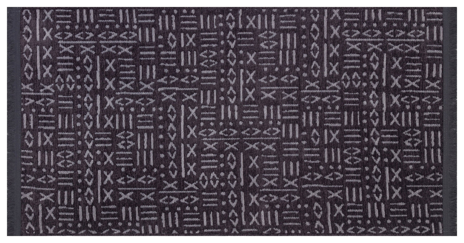 Charcoal Boho Runner Rug – Tribal Geometric Pattern, Fringe, Non-Slip (Machine Washable)