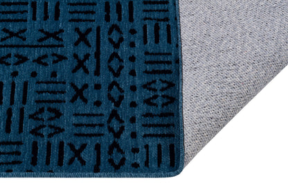 Washable Teal Cotton Rug – Modern Tribal Geometric Pattern, Low Pile Carpet