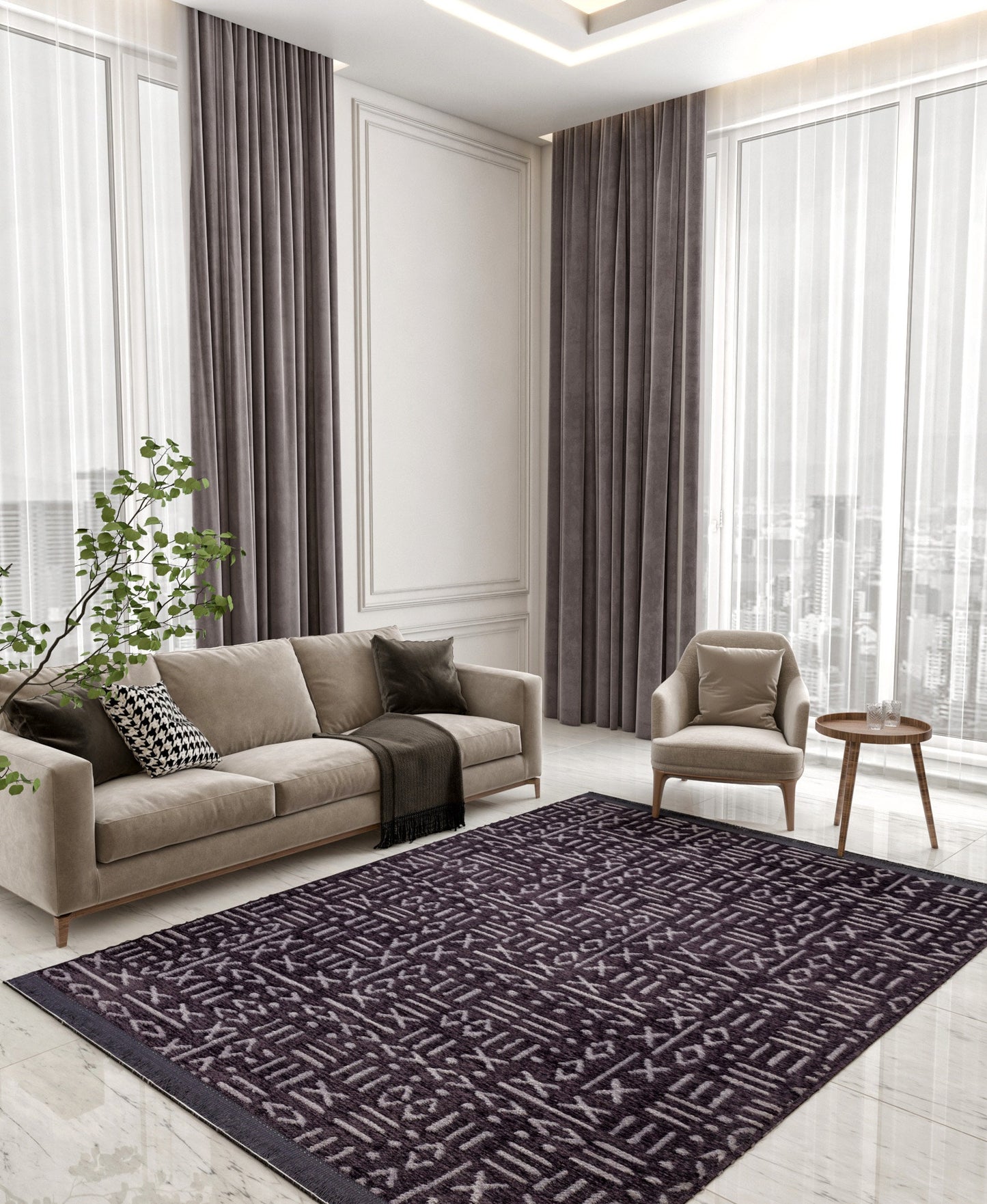 Charcoal Boho Runner Rug – Tribal Geometric Pattern, Fringe, Non-Slip (Machine Washable)