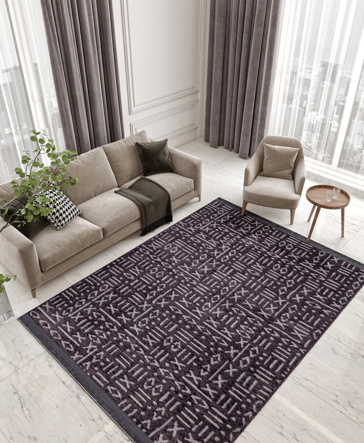 Charcoal Boho Runner Rug – Tribal Geometric Pattern, Fringe, Non-Slip (Machine Washable)