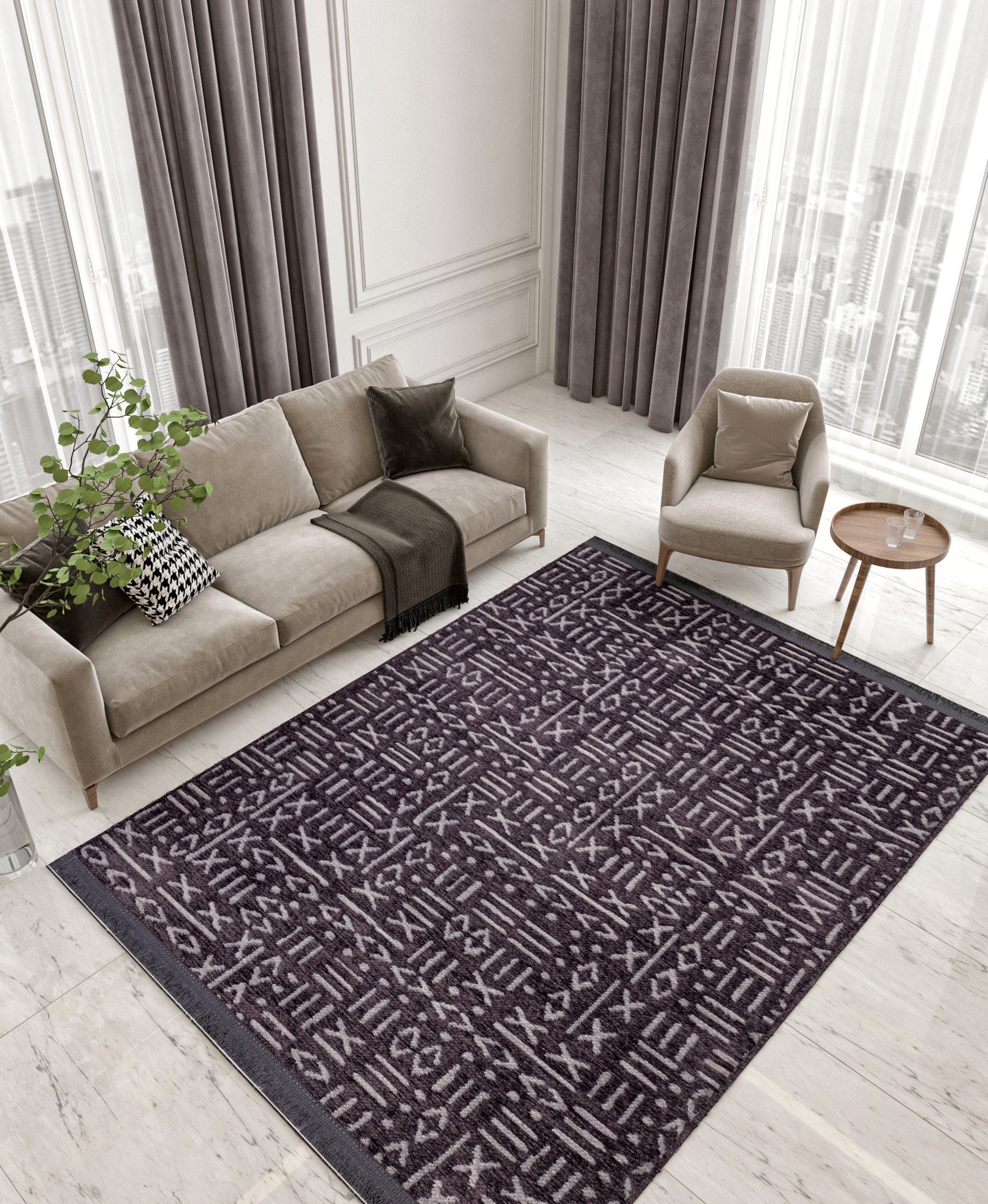 Charcoal Boho Runner Rug – Tribal Geometric Pattern, Fringe, Non-Slip (Machine Washable)