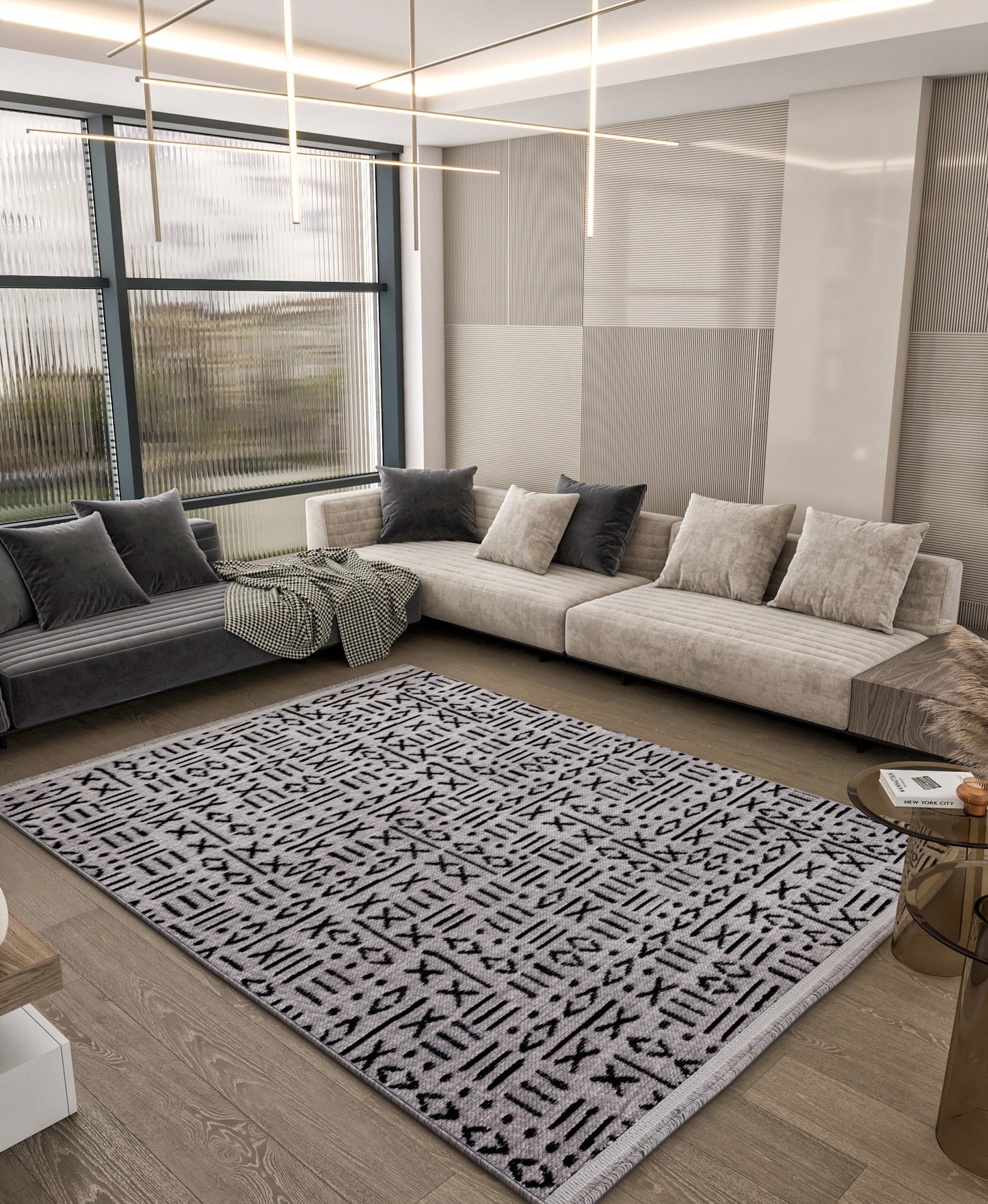 Modern Tribal Mudcloth Area Rug – Gray Black Geometric Boho Carpet