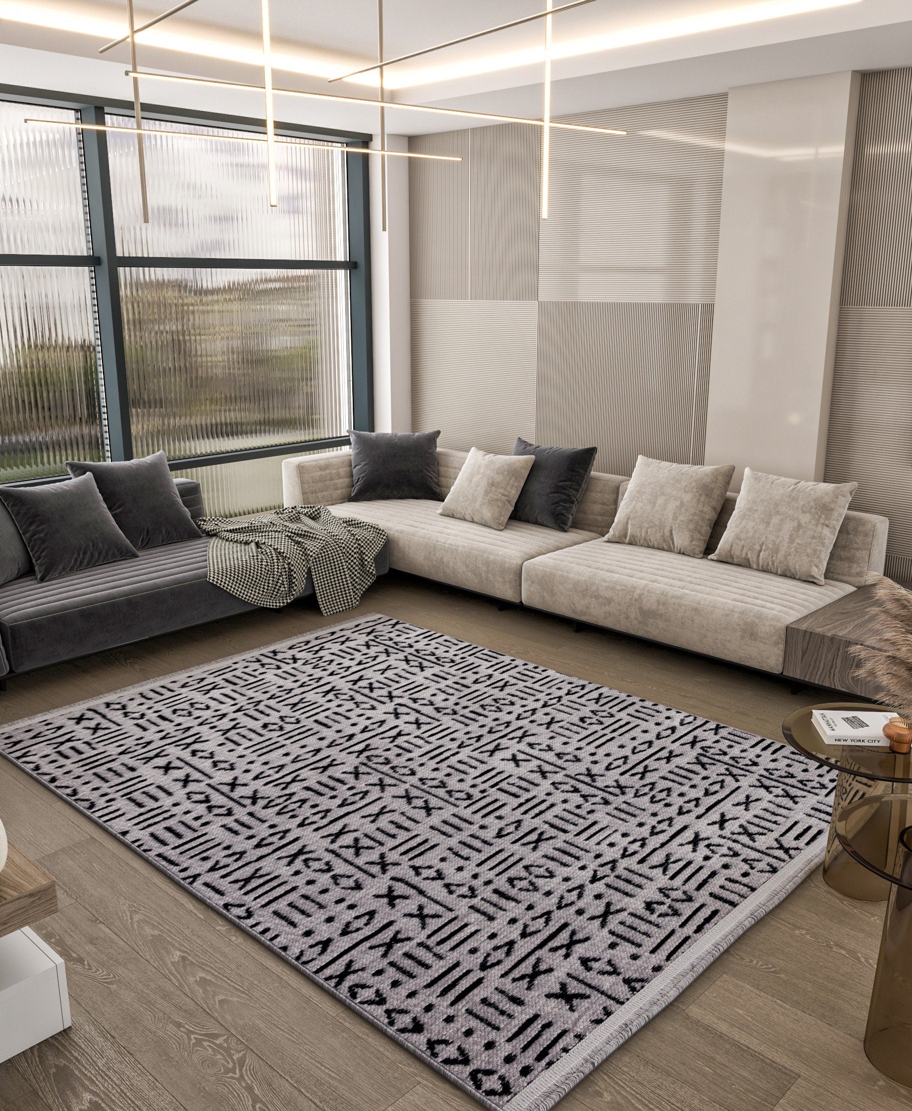 Modern Tribal Mudcloth Area Rug – Gray Black Geometric Boho Carpet