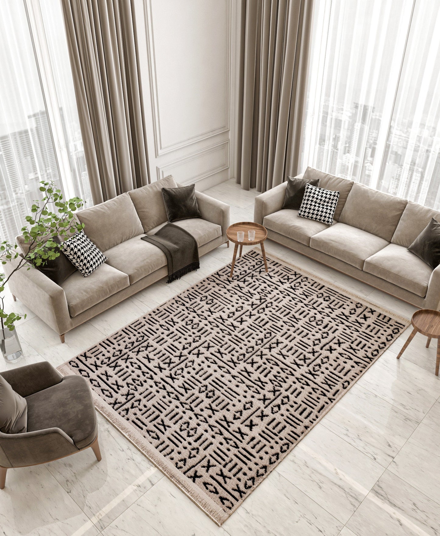 Mudcloth Tribal Area Rug, Black Ivory Fringe, Modern Scandinavian Carpet
