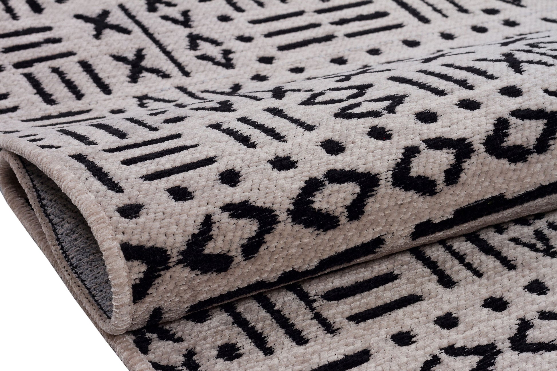 Mudcloth Tribal Area Rug, Black Ivory Fringe, Modern Scandinavian Carpet