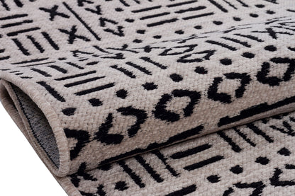 Mudcloth Tribal Area Rug, Black Ivory Fringe, Modern Scandinavian Carpet