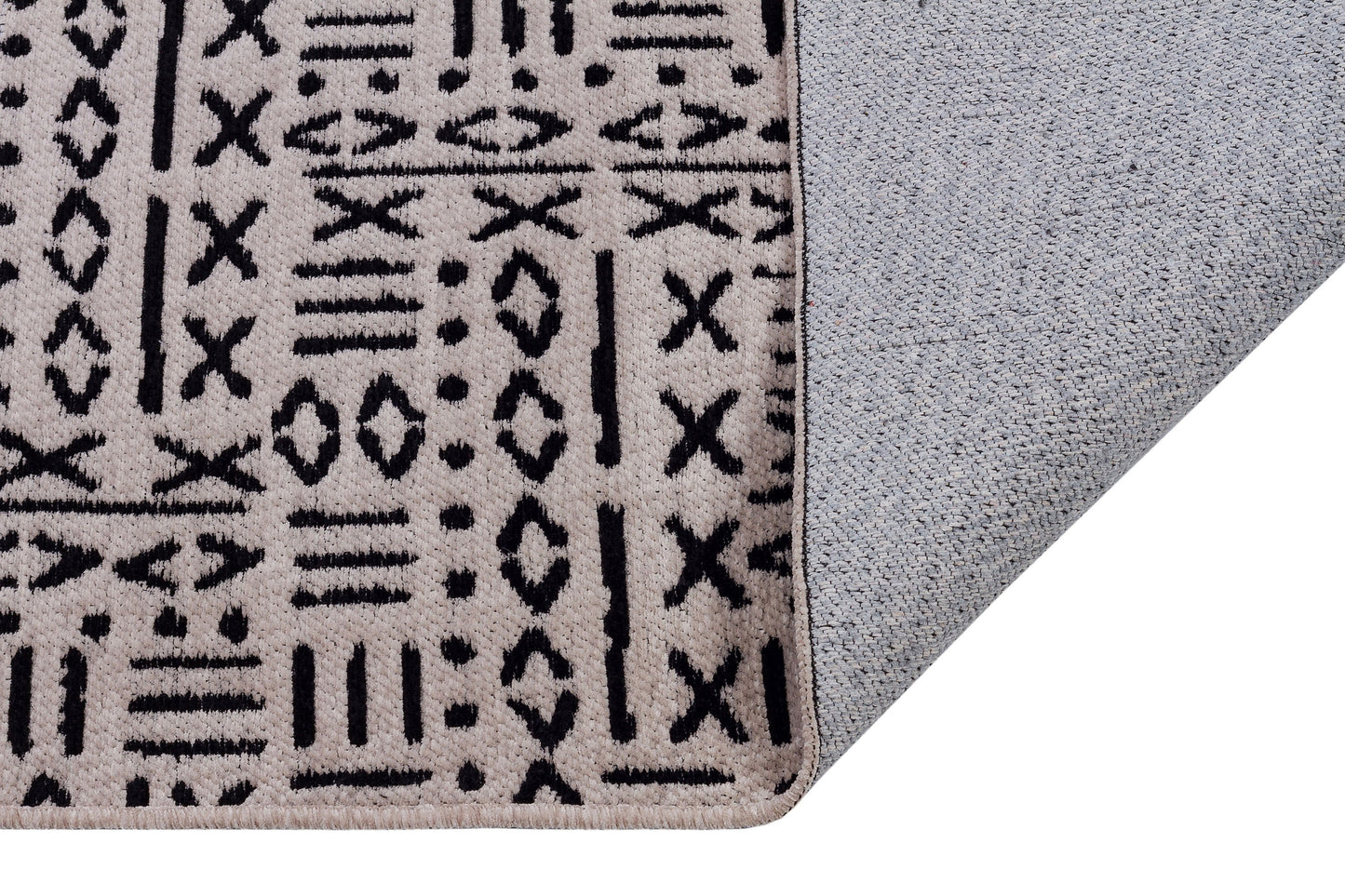 Mudcloth Tribal Area Rug, Black Ivory Fringe, Modern Scandinavian Carpet