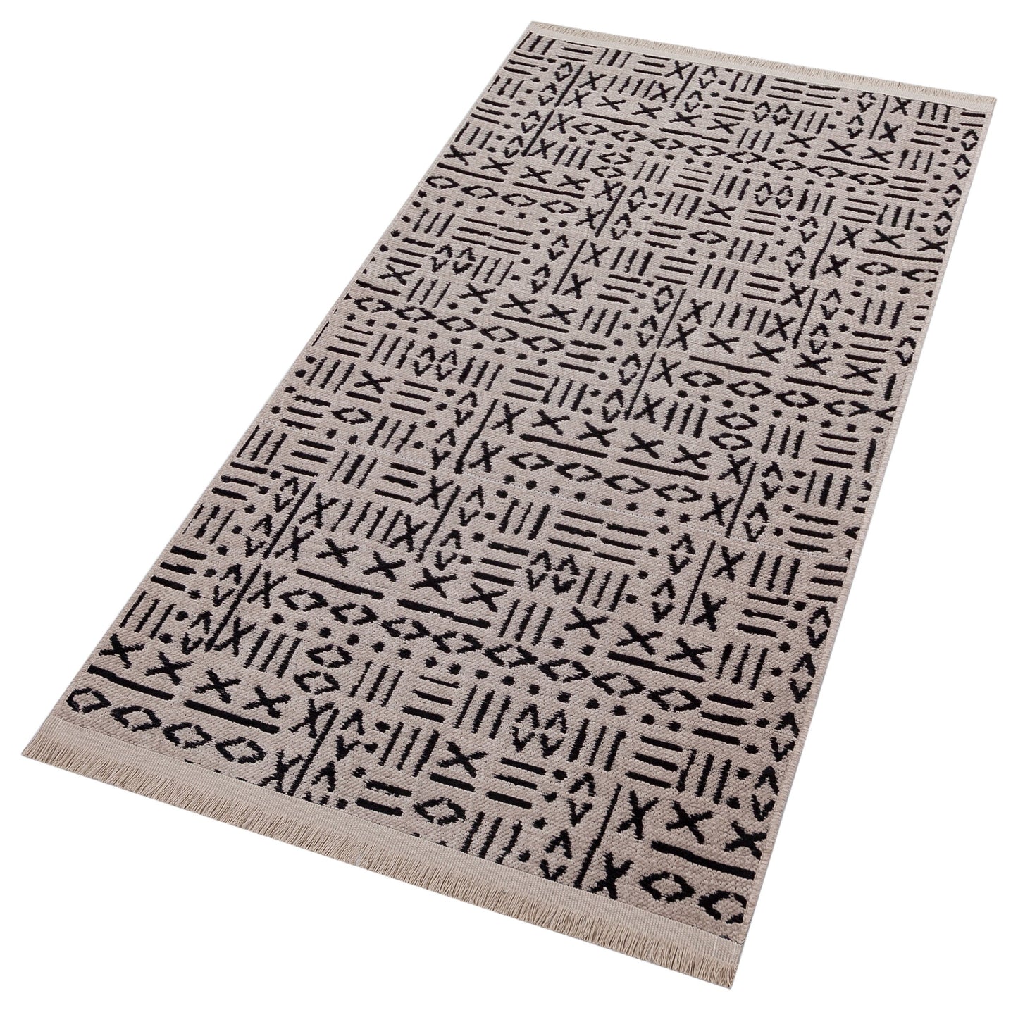 Mudcloth Tribal Area Rug, Black Ivory Fringe, Modern Scandinavian Carpet