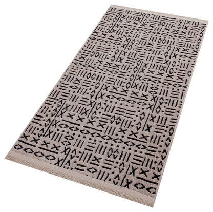 Mudcloth Tribal Area Rug, Black Ivory Fringe, Modern Scandinavian Carpet