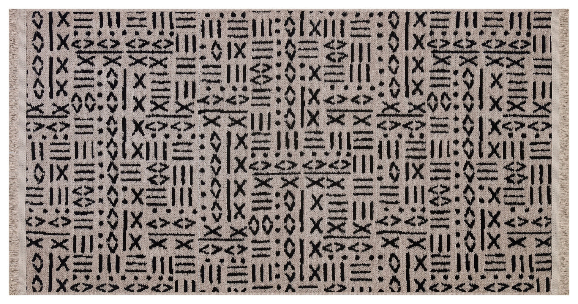 Mudcloth Tribal Area Rug, Black Ivory Fringe, Modern Scandinavian Carpet