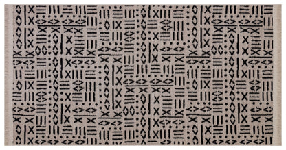 Mudcloth Tribal Area Rug, Black Ivory Fringe, Modern Scandinavian Carpet