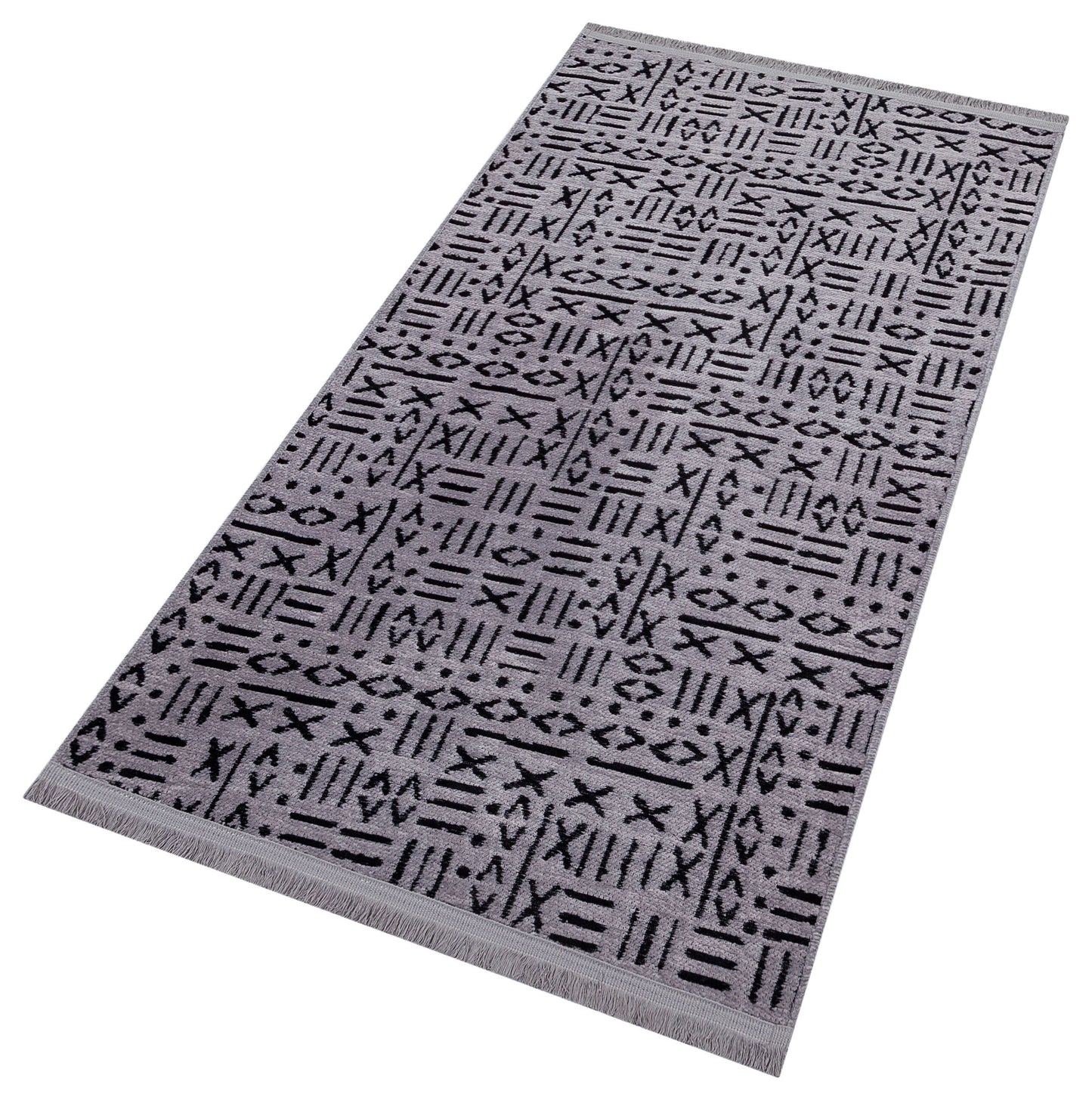 Modern Tribal Mudcloth Area Rug – Gray Black Geometric Boho Carpet