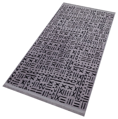 Modern Tribal Mudcloth Area Rug – Gray Black Geometric Boho Carpet