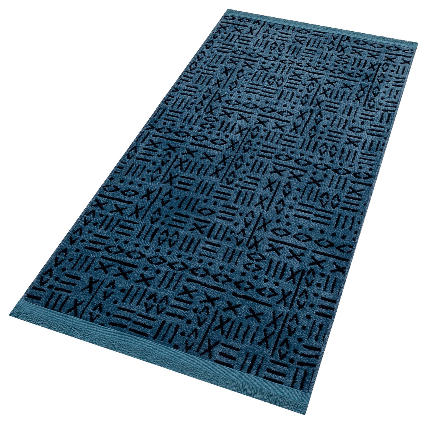 Washable Teal Cotton Rug – Modern Tribal Geometric Pattern, Low Pile Carpet