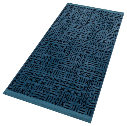 Washable Teal Cotton Rug – Modern Tribal Geometric Pattern, Low Pile Carpet