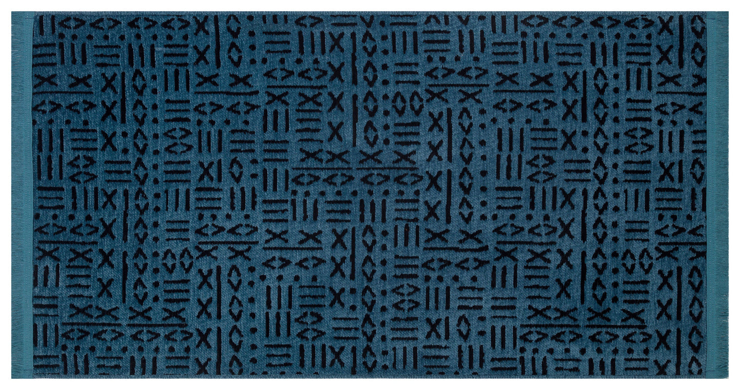 Washable Teal Cotton Rug – Modern Tribal Geometric Pattern, Low Pile Carpet